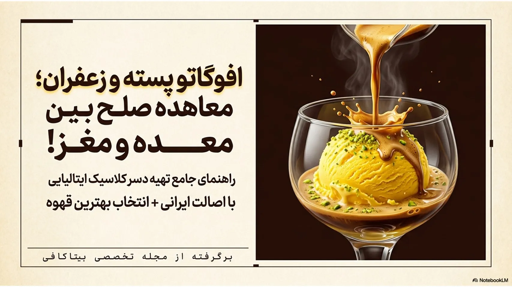 رسپی افوگاتو پسته و زعفران؛ ترکیب سلطنتی قهوه و بستنی به سبک بیتاکافی