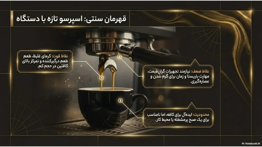 کافئین بیشتر در کدام است؟ مقایسه کامل اسپرسو تازه و قهوه فوری